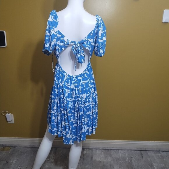 NWT Japna Short Puff Sleeve Off Shoulder Geometric Tie Back Fit & Flare Dress L - Picture 5 of 7